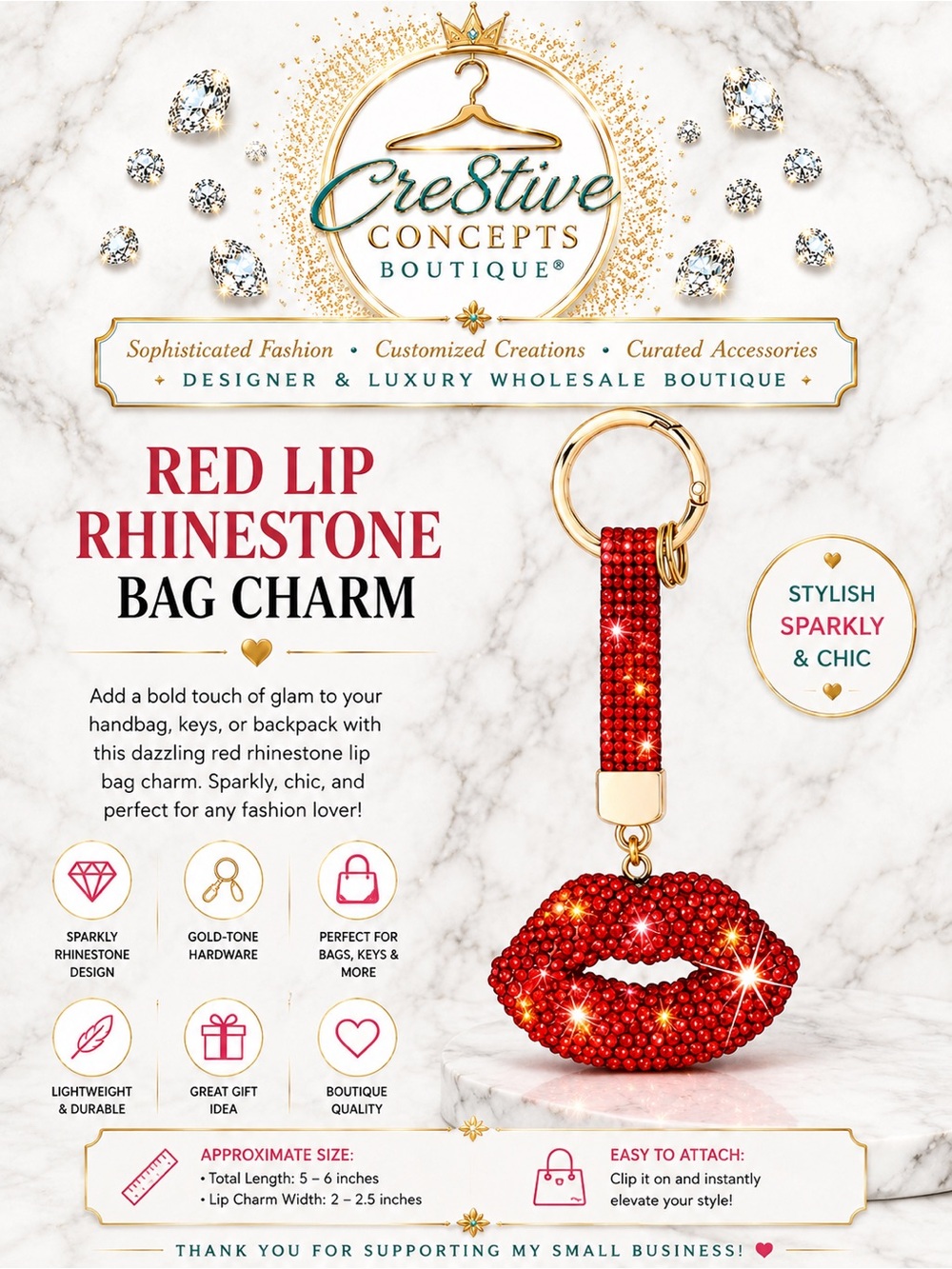 Red Rhinestone Lip Bag Charm Keychain Luxe Purse Accessory-One